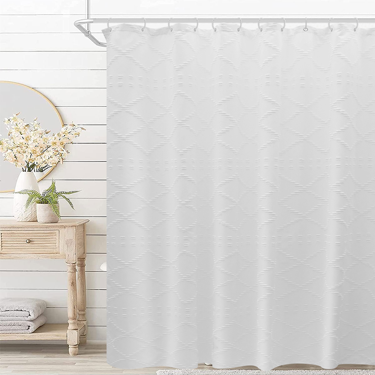 Jokapy White Boho Shower Curtain Textured Tufted Striped Bathroom Fabric Shower Curtains, 72" x