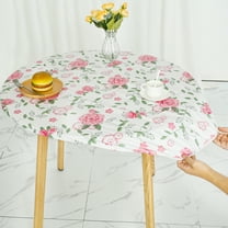 Jokapy White Round Vinyl Fitted Tablecloth, 35"-47" Elastic Table Cover, Red Floral Patterned