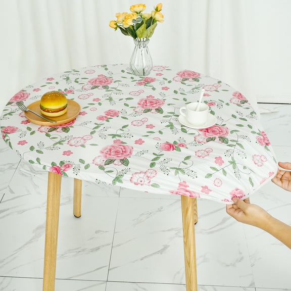 Jokapy White Round Vinyl Fitted Tablecloth, 35"-47" Elastic Table Cover, Red Floral Patterned