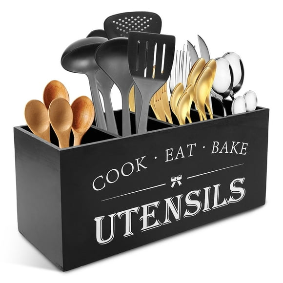 Tzdxfgl Wood Kitchen Utensil Holder for Countertop, 14.5" Extra Large Silverware Organizer with 4 Compartments, Black