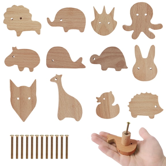Jokapy Wooden Cabinet Knob, Animal Shape Decorative Drawer Dresser Handles, 12 Pack