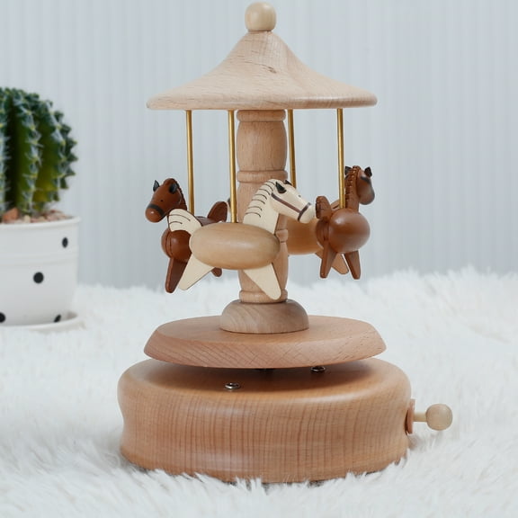 Jokapy Wooden Carousel Horse Music Box, 6", Brown
