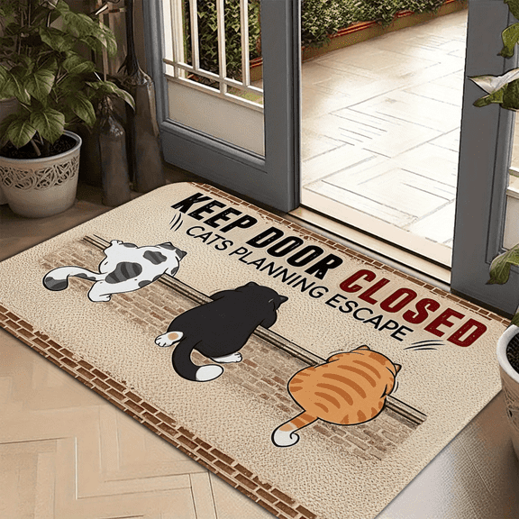 Joke Cat Warning Doormat, Cat Planning Escape Floral Decor, Flannel Welcome Rug for Home Garden Living Room, Machine Made Farmhouse Entryway Rug