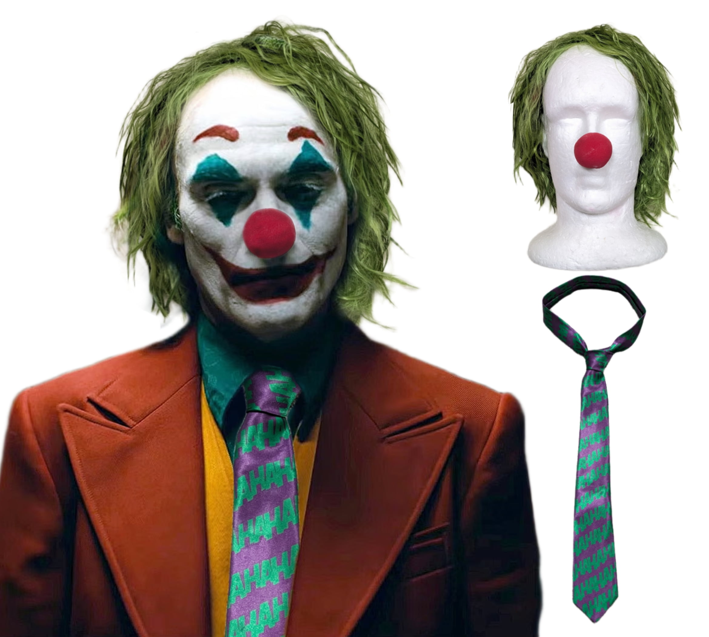 Joker Clown Costume Kit – Green Wig, “HaHa” Tie Red Clown Nose