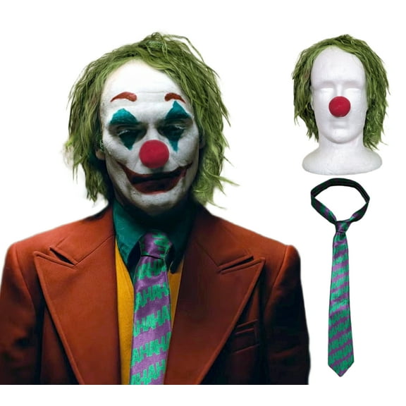 Joker Clown Costume Kit Green Wig, HaHa Tie & Red Clown Nose Set for Halloween, Cosplay & Parties