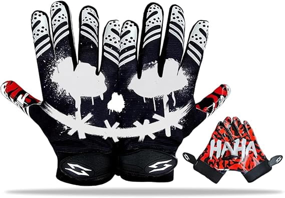Joker Football Gloves Wide Receiver Jester Sticky Tacky Elite Pro Grip Super Sports Palms Performance Boost Game Skin Tight Kids Boys Sizes Youth Adult Men Wide Villain Battle America (Youth Large)