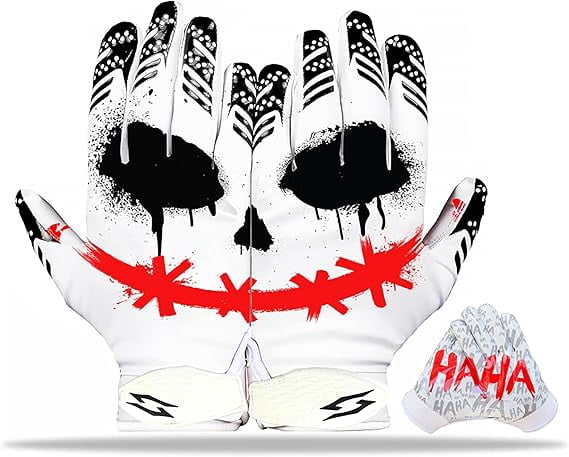 Joker Football Receiver Gloves Jester Sticky Tacky Elite Pro Grip Super Sports Palms Performance Boost Your Game Skin Tight Kids Boys Sizes Youth Adult Men Wide Villain Battle USA (Adult Medium)