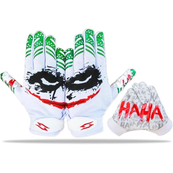 Joker Football Receiver Gloves White - Youth Adult Unleash Venom with Jester Stealth Elite Tacky Pro Grip Palms Men Kids Boys Small to XXL Sizes Battle College Lineman