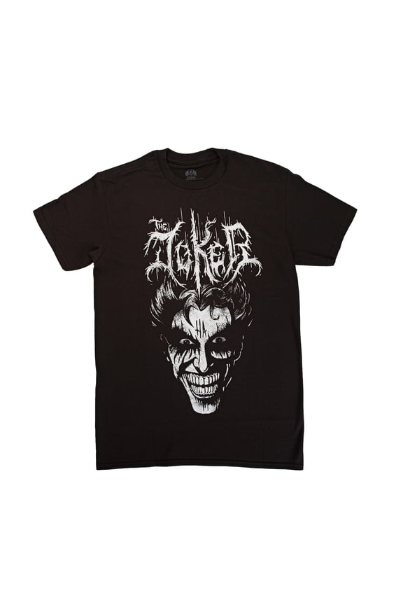 Joker Mens T-Shirt - Metal Style Black and White Face Under Name (Large)