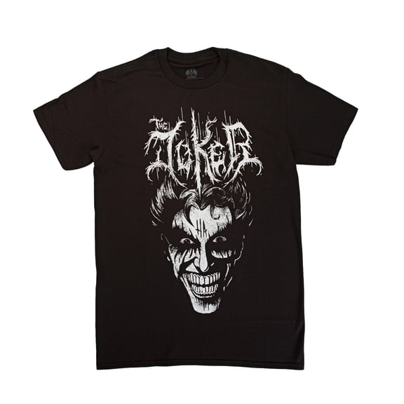 Joker Mens T-Shirt  - Metal Style Black and White Face Under Name (Medium)