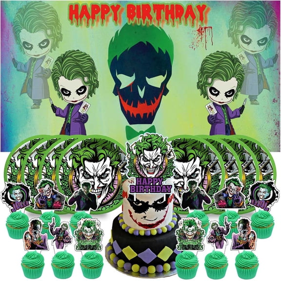 Joker Birthday Supplies Plates Decorations Decor Backdrop Banner Cake Topper Fans