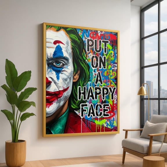 Joker Portrait Wall Art, Colorful Graffiti Style, Put On A Happy Face Quote, Modern Pop Art, Urban Street Art Decor UNFRAMED Poster, Wall Art for Decor, Present, 8x12