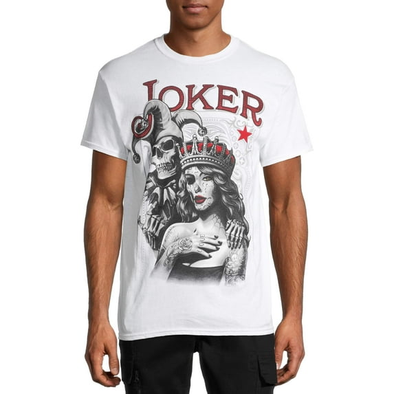 Teelocity Men's Playing Card Skeleton Joker and Queen Pinup Girl White Relaxed Fit Short Sleeve Graphic T-Shirt