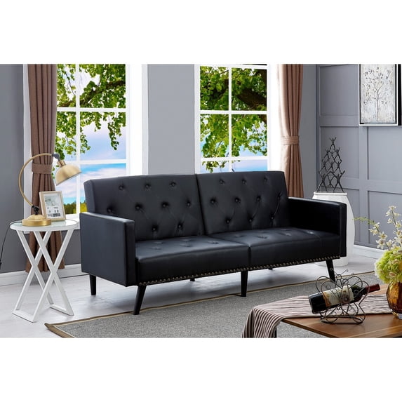 Jolene Convertible Tufted Split Back Futon Sofa by Naomi Home-Color:Black,Fabric:Faux Leather