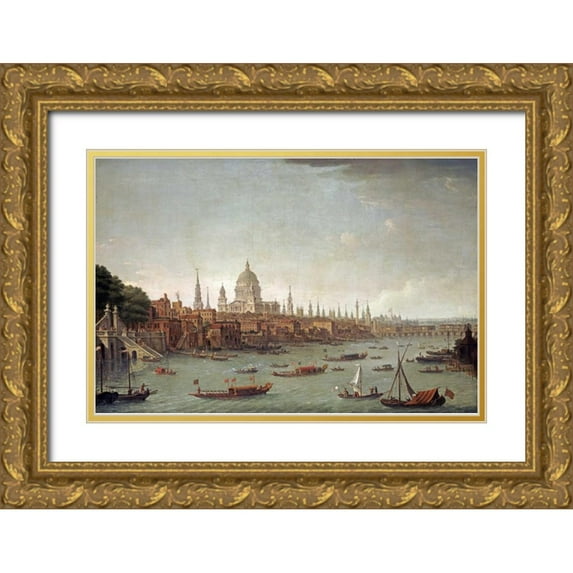 Joli, Antonio 32x23 Gold Ornate Wood Framed with Double Matting Museum Art Print Titled - A Panoramic View of The City of London