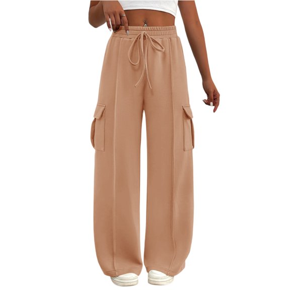 JoliSweat Cargo Sweatpants for Women Wide Leg High Waisted Joggers Baggy Drawstring Athletic Trousers Sweat Pants with Pockets Beige XXL