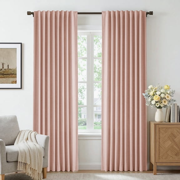 GLEAMIST 100% Blackout Curtains 2 Panels Set, 52 Inches Wide Faux Linen Thermal Insulated Light Blocking Drapes, Rod Pocket & Back Tab for Bedroom Living Room, Blush Pink