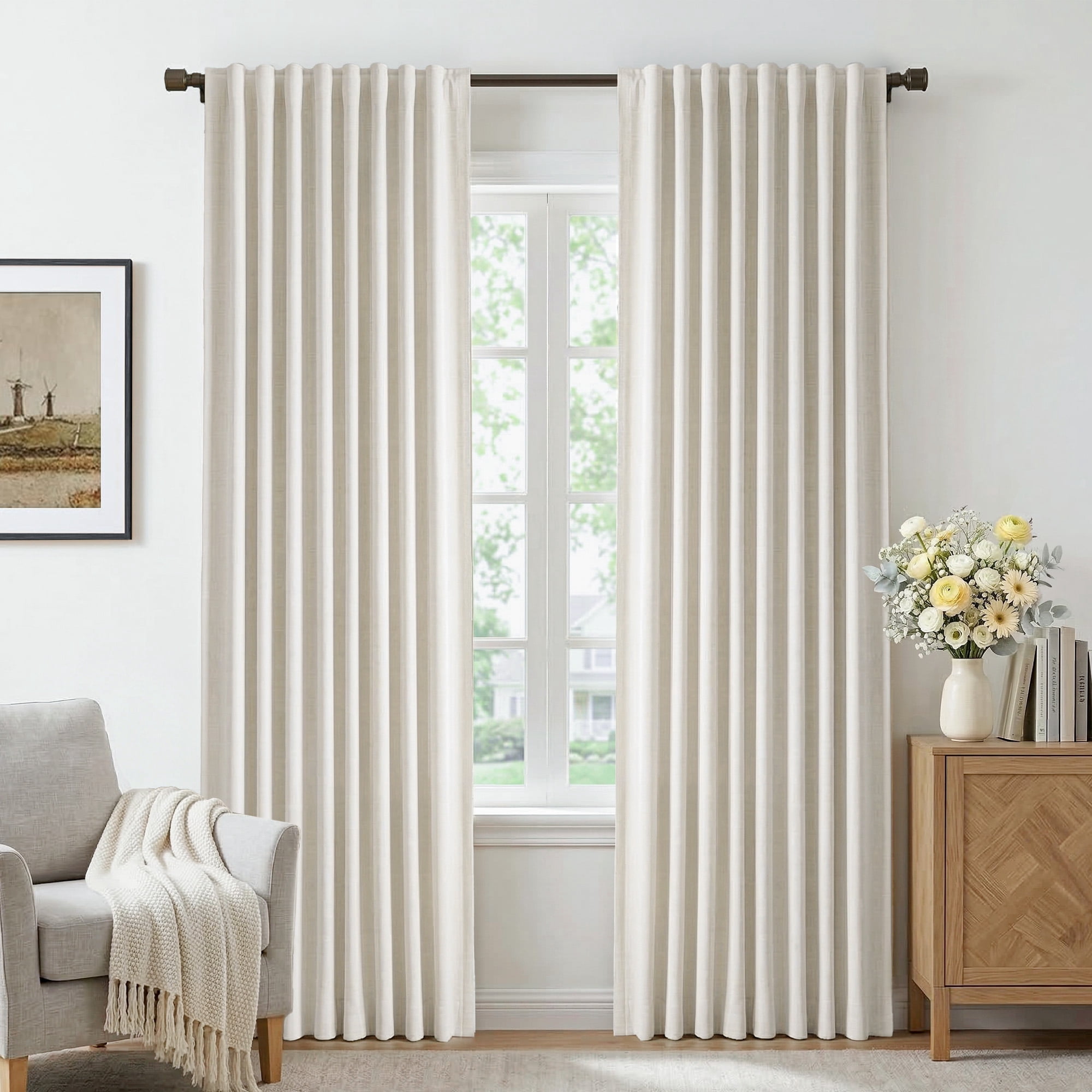 GLEAMIST 100% Blackout Curtains 2 Panels Set, 52 Inches Wide Faux Linen Thermal Insulated Light Blocking Drapes, Rod Pocket & Back Tab for Bedroom Living Room, Beige