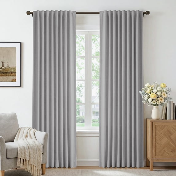 GLEAMIST 100% Blackout Faux Linen Curtains for Bedroom Living Room, Set of 2, Thermal Insulated Back Tab Drapes, 52”Wx72”L, Gray