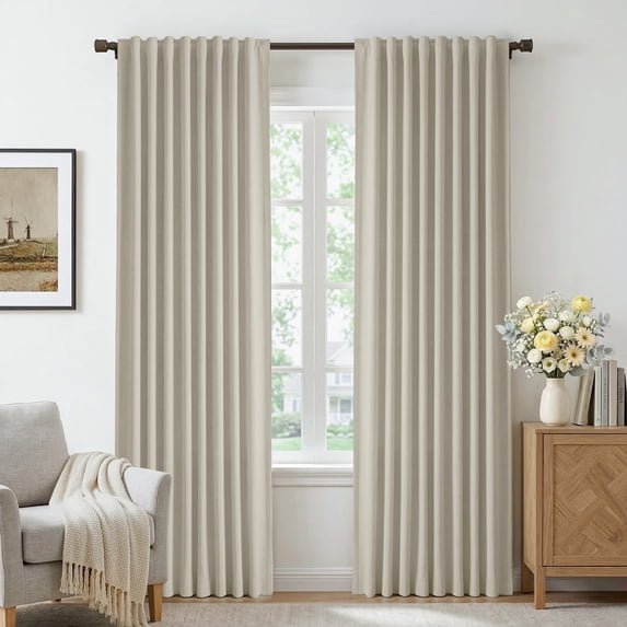 GLEAMIST 100% Blackout Faux Linen Curtains for Bedroom Living Room, Set of 2, Thermal Insulated Back Tab Drapes, 52”Wx63”L, Oatmeal