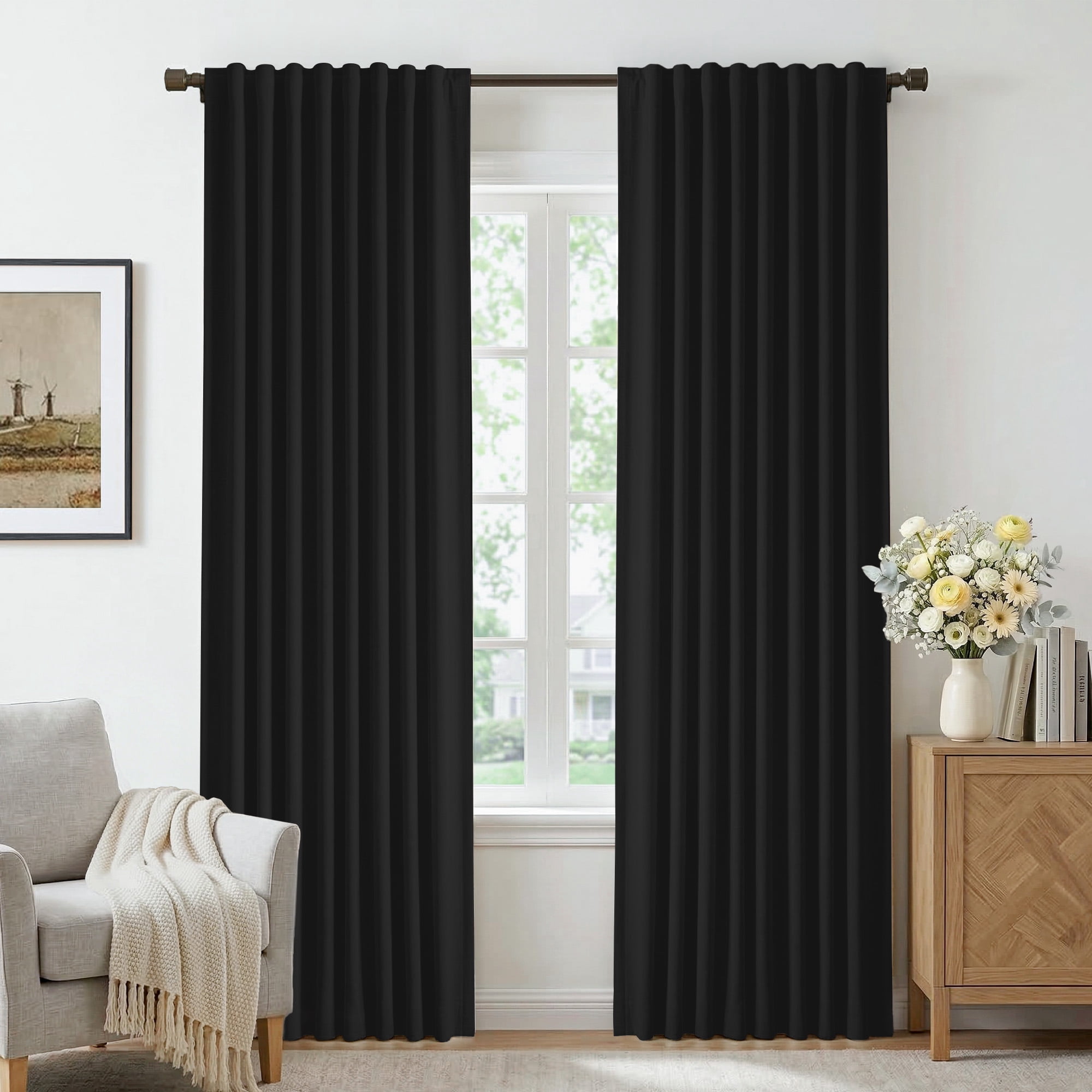 GLEAMIST 100% Blackout Curtains 2 Panels Set, 52 Inches Wide Faux Linen Thermal Insulated Light Blocking Drapes, Rod Pocket & Back Tab for Bedroom Living Room, Black
