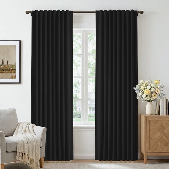 GLEAMIST 100% Blackout Curtains 2 Panels Set, 52x54 Inches Wide Faux Linen Thermal Insulated Light Blocking Drapes, Rod Pocket & Back Tab for Bedroom Living Room, Black