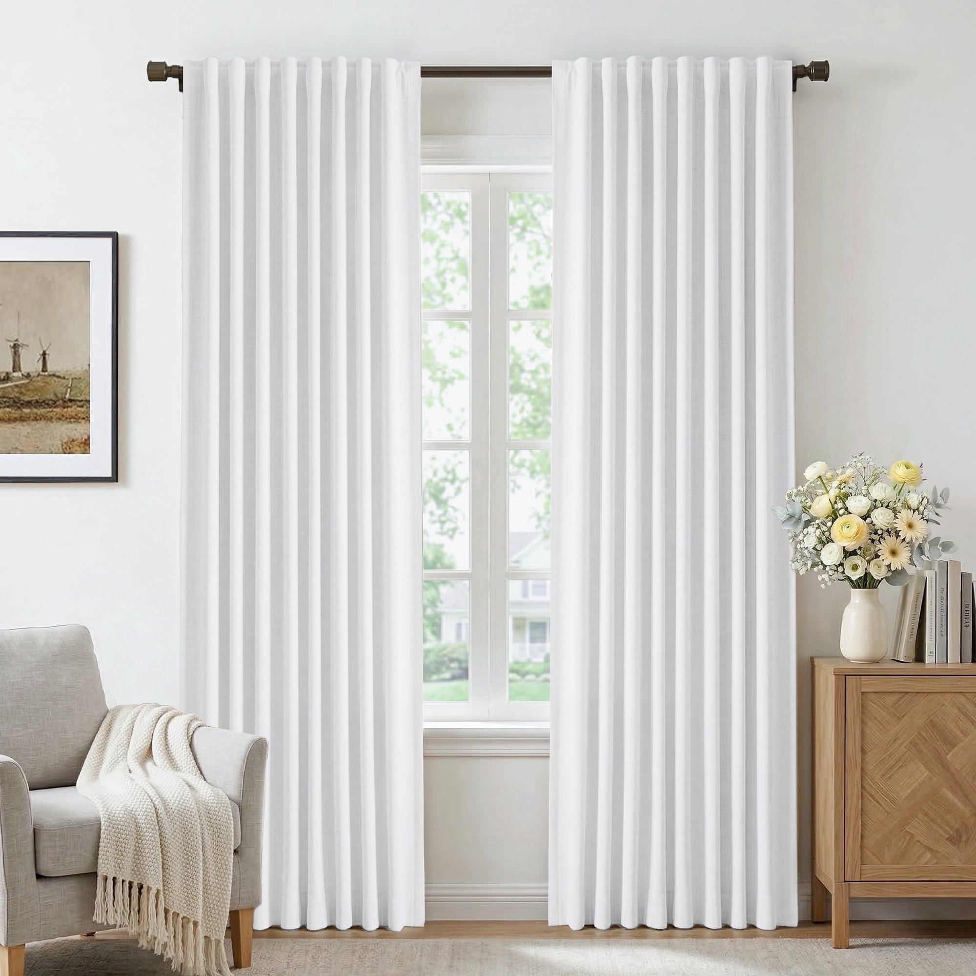 GLEAMIST 100% Blackout Curtains 2 Panels Set, 52 Inches Wide Faux Linen Thermal Insulated Light Blocking Drapes, Rod Pocket & Back Tab for Bedroom Living Room, Bright White