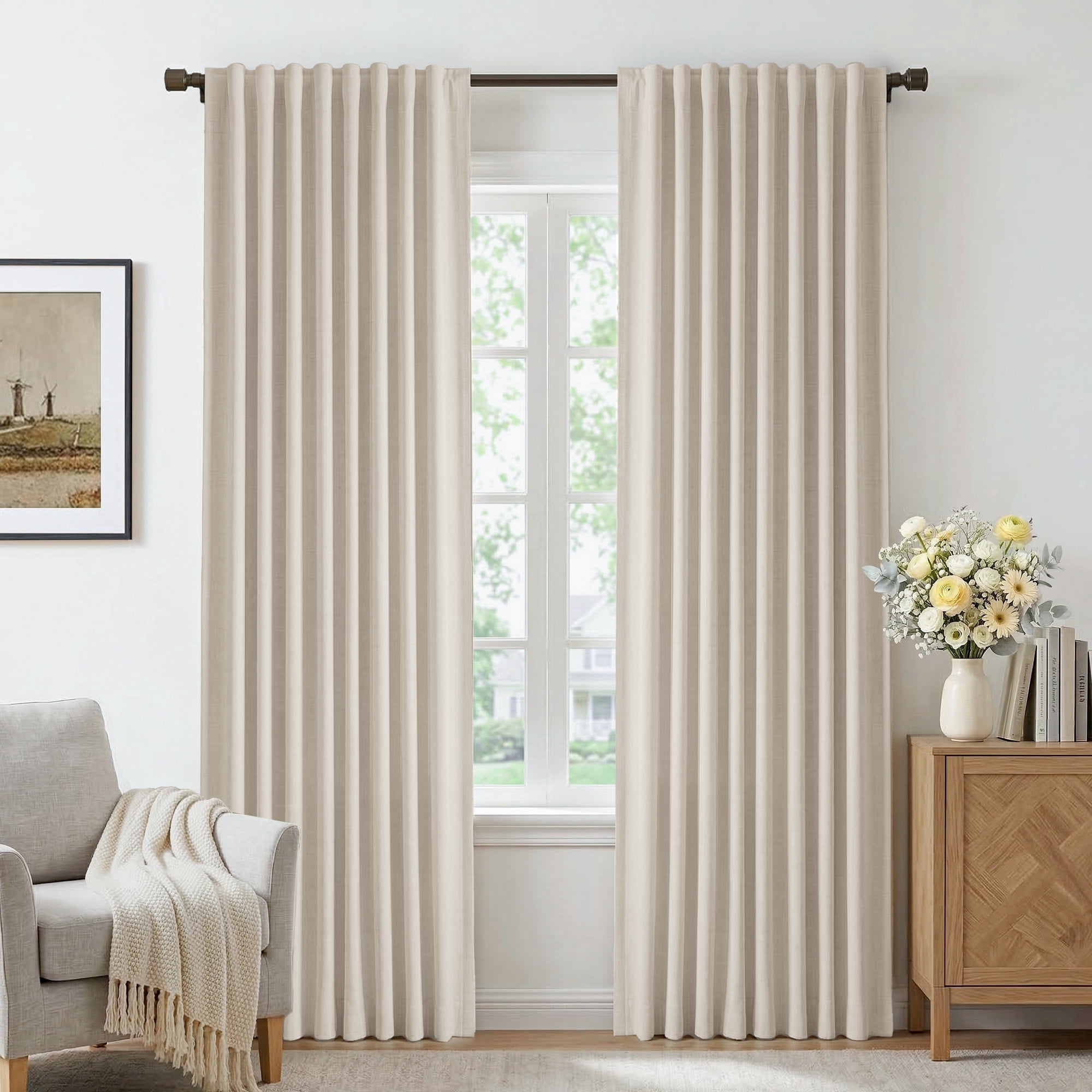 GLEAMIST 100% Blackout Curtains 2 Panels Set, 52 Inches Wide Faux Linen Thermal Insulated Light Blocking Drapes, Rod Pocket & Back Tab for Bedroom Living Room, Cream
