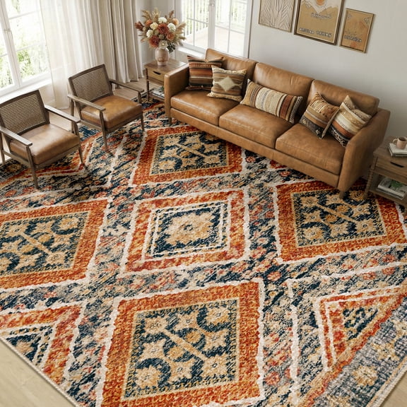 Jolicasa Area Rugs 10'x14' Washable Rug, Non-Slip Soft Low Pile Print Pattern Western Rug for Living Room, Stain Resistant Boho Tribal Carpet for Bedroom Dining Room Office Decor, Orange