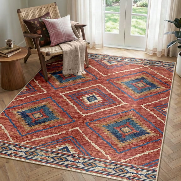 Jolicasa Area Rugs 3'x5' Washable Rug, Non-Slip Soft Low Pile Print Pattern Western Rug for Living Room, Stain Resistant Boho Tribal Carpet for Bedroom Dining Room Office Decor, Red