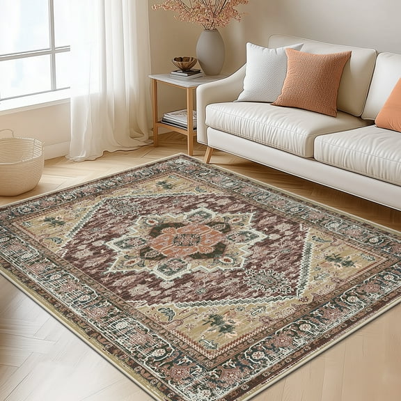 Jolicasa Area Rugs,5'x7'Soft Machine Washable Rugs for Livingroom Bedroom,Low-Pile Non-Slip Carpet,Burgundy