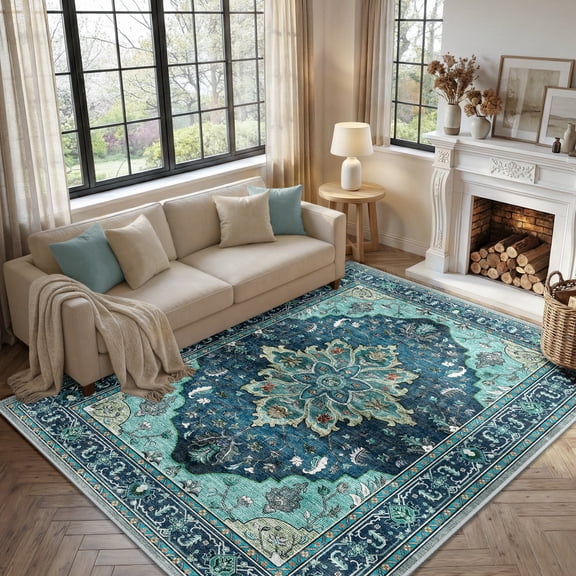 Jolicasa Area Rugs 5'x7', Washable Rug Non-Slip Soft Low Pile Vintage Distress Floral Rug for Living Room Bedroom Dining Room Office Decor, Teal Green Turquoise