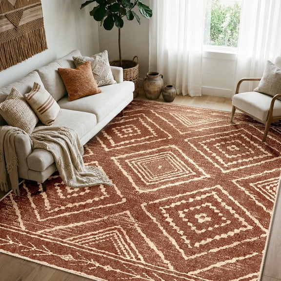 GLEAMIST Area Rugs 6'x9' Washable Rug, Non-Slip Soft Low Pile Print Pattern Western Rug for Living Room, Stain Resistant Boho Tribal Carpet for Bedroom Dining Room Office Decor, Yellowbrown