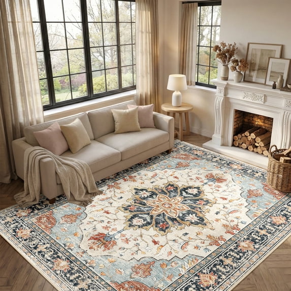Jolicasa Area Rugs 6'x9', Washable Rug Non-Slip Soft Low Pile Vintage Distress Floral Rug for Living Room Bedroom Dining Room Office Decor, Beige Navy Orange