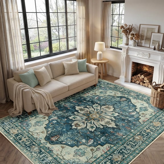 GLEAMIST Area Rugs 6'x9', Washable Rug Non-Slip Soft Low Pile Vintage Distress Floral Rug for Living Room Bedroom Dining Room Office Decor, Dark Blue
