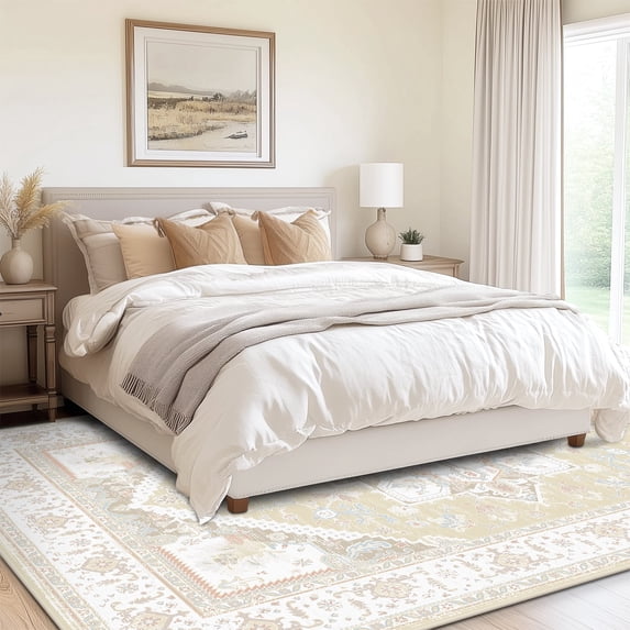 Jolicasa Area Rugs,8'x10'Soft Machine Washable Rugs for Livingroom Bedroom,Low-Pile Non-Slip Carpet,Cream