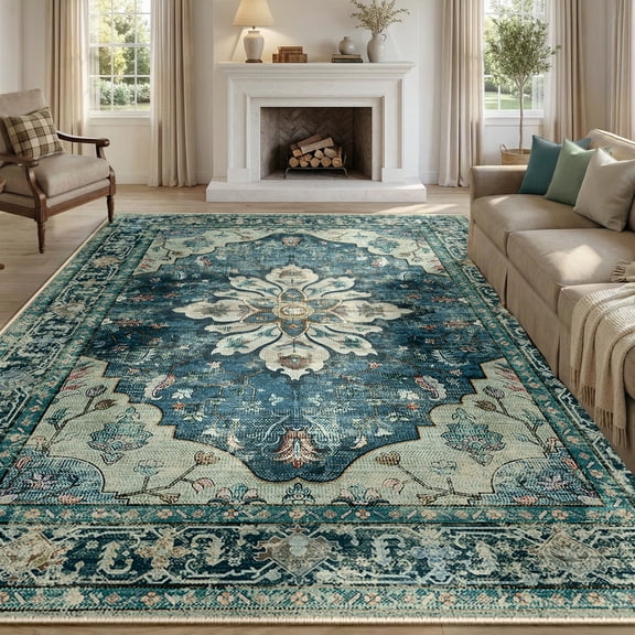 GLEAMIST Area Rugs 8'x10', Washable Rug Non-Slip Soft Low Pile Vintage Distress Floral Rug for Living Room Bedroom Dining Room Office Decor, Dark Blue