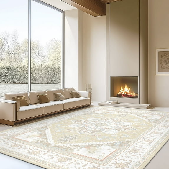 Jolicasa Area Rugs,9'x12'Soft Machine Washable Rugs for Livingroom Bedroom,Low-Pile Non-Slip Carpet,Cream
