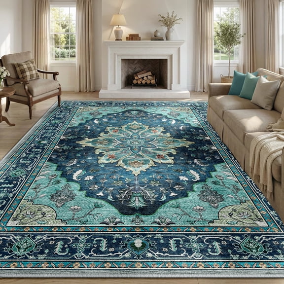 GLEAMIST Area Rugs 9'x12', Washable Rug Non-Slip Soft Low Pile Vintage Distress Floral Rug for Living Room Bedroom Dining Room Office Decor, Teal Green Turquoise