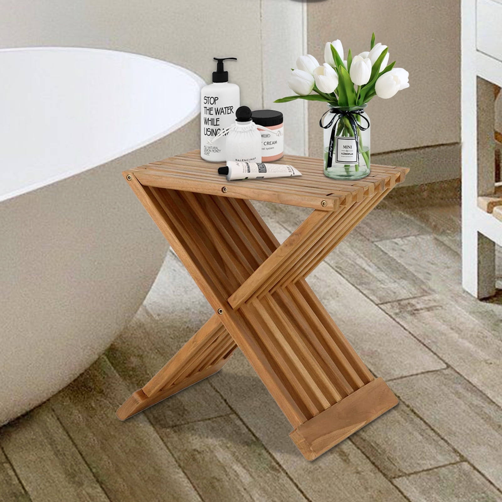 Jolicasa Teak Wood Foldable Shower Bench Non Slip Bathroom Bath Stool for Indoor Outdoor Use Walmart