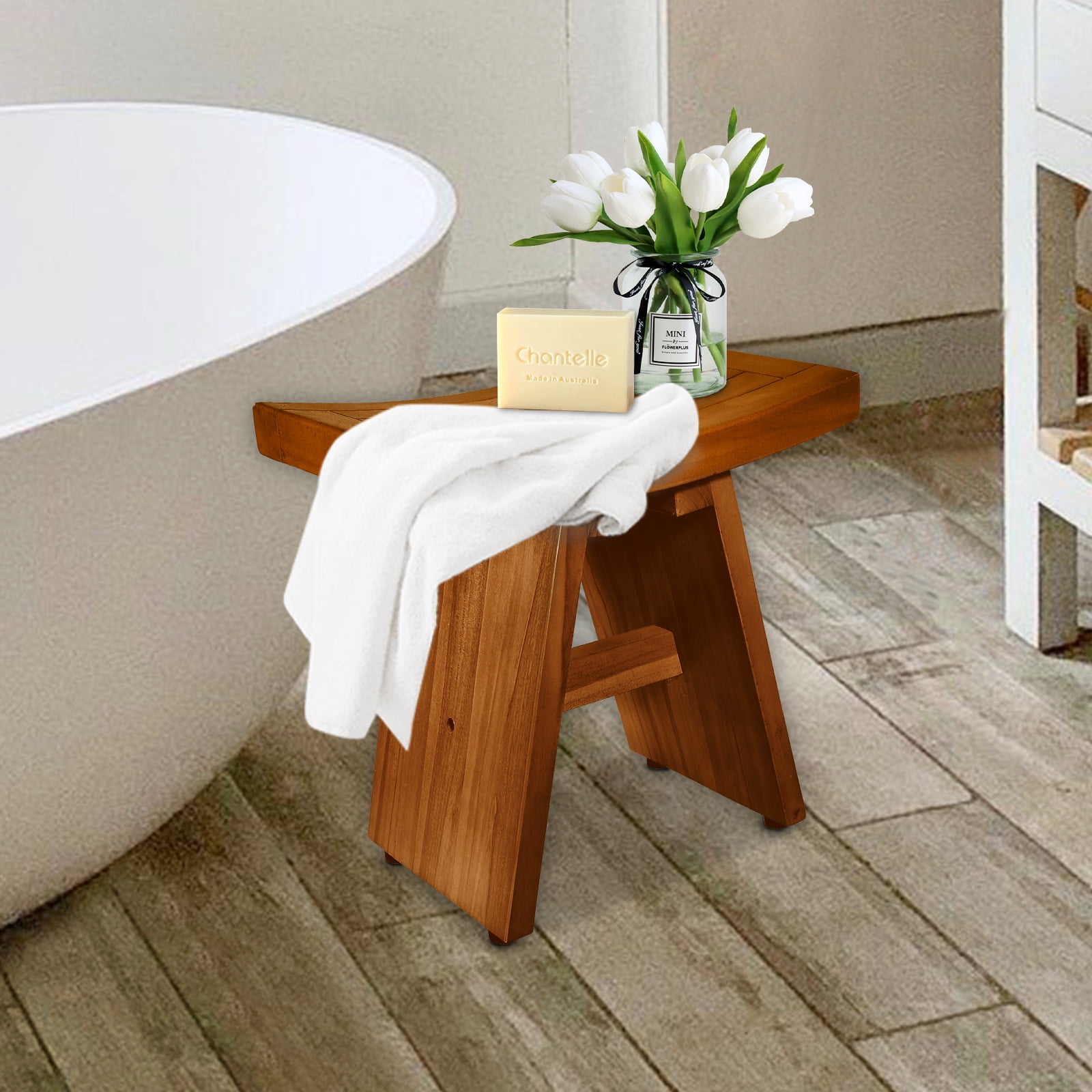 Jolicasa Teak Shower Bench, Waterproof Teak Wood Shower Stool with