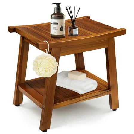 Jolicasa Teak Shower Bench with Shelf, Stable and Waterproof Teak Wood Shower Stool & Spa, Bath Seat for Elderly- Assemble Required