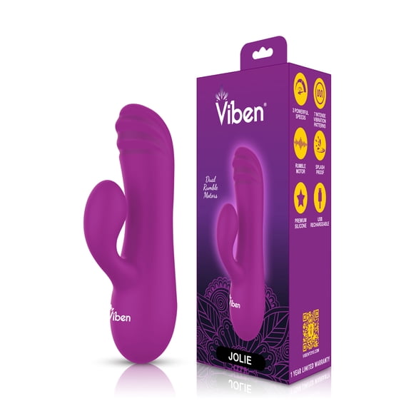 Viben Jolie Mini Rechargeable Splashproof Silicone Ridged Dual-Motor Rabbit Vibrator, Berry