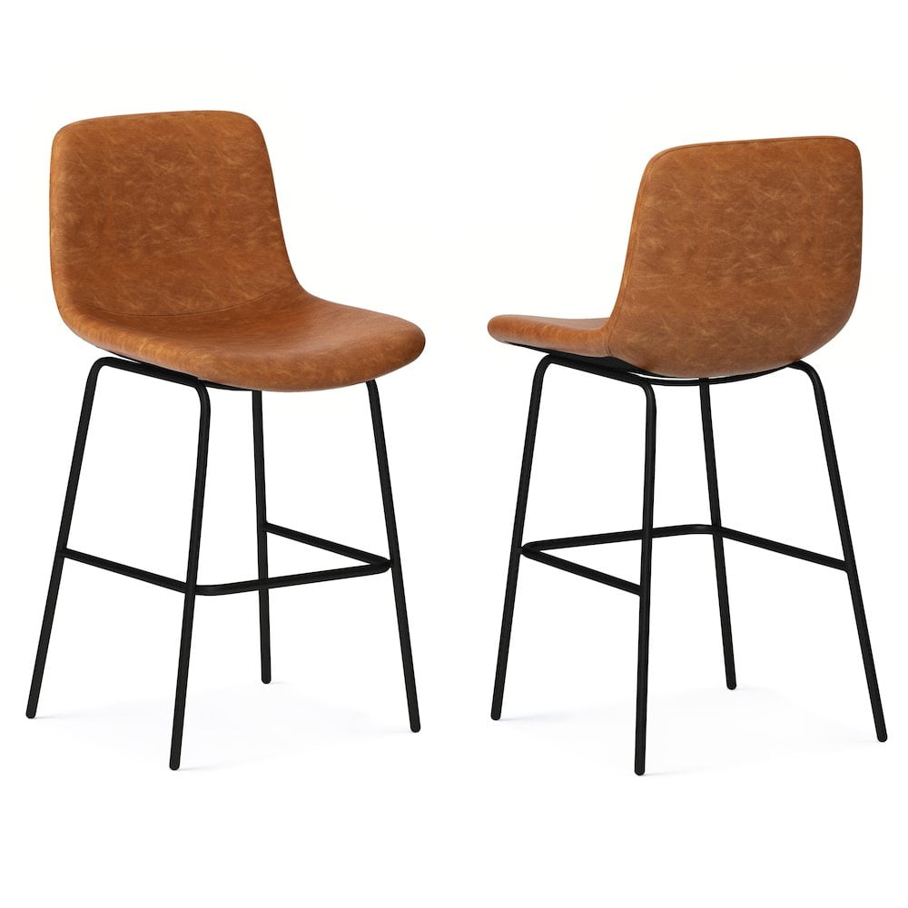 Contemporary Camel Brown Faux Leather Counter Stool with Black Metal Base
