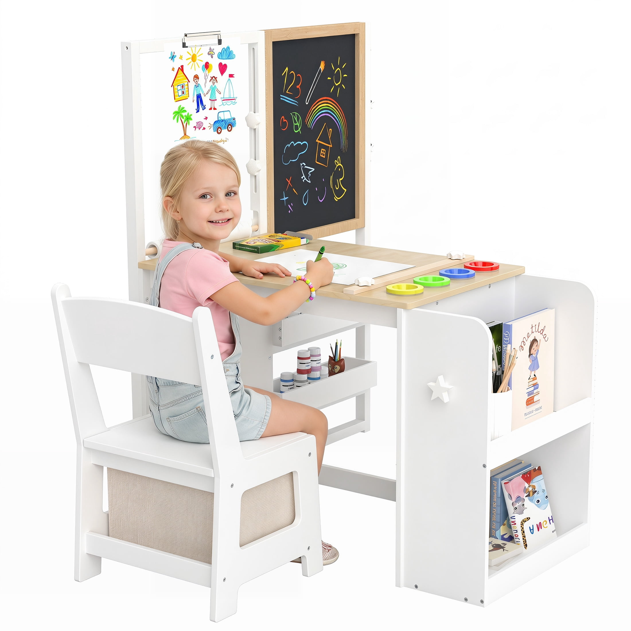 Jolie Vallee 3 in 1 Kids Art Table and Chair Set, Easel Table for Kids, Toddler Craft and Play Wood Activity Desk with Adjustable Height Double-Sided Magnetic Easel, Paper Roll, Book Shelves