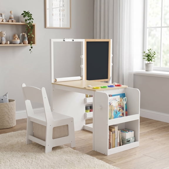 Jolie Vallee 3 in 1 Kids Art Table and Chair Set, Easel Table for Kids, Toddler Craft and Play Wood Activity Desk with Adjustable Height Double-Sided Magnetic Easel, Paper Roll, Book Shelves