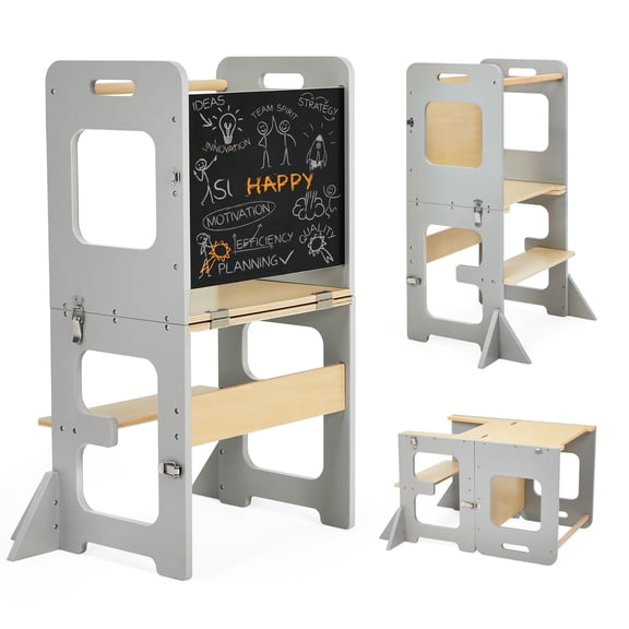 Jolie Vallee 4-in-1 Foldable Kitchen Toddler Standing Tower with Chalkboard, Desk Table and Chair, Anti-Tip, Adjustable, Gray, 1 Pack