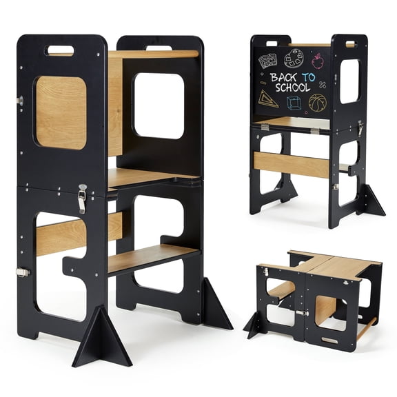 Jolie Vallee 4-in-1 Foldable Kitchen Toddler Standing Tower with Chalkboard,Desk Table and Chair,Kids Kitchen Step Stool with Anti-tip Structure Design for Toddlers 12 Months,Black