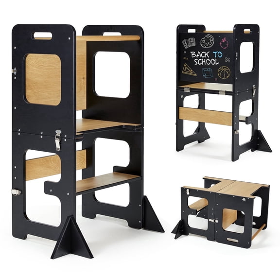 Jolie Vallee 4-in-1 Foldable Kitchen Toddler Standing Tower with Chalkboard,Desk Table and Chair,Kids Kitchen Step Stool with Anti-tip Structure Design for Toddlers 12 Months,Black
