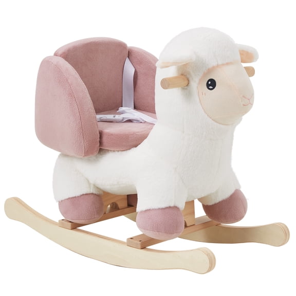 Jolie Vallee Baby Rocking Horse,Kids Ride on,Plush Animal Rocker,Wooden Base & Safety Belt for Ages 1-3,Sheep,White and pink